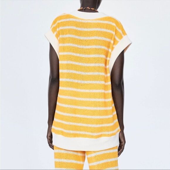 Zara Rustic Striped V-neck Sleeveless Tunic Sweater Vest Yellow Cream Small - Picture 5 of 9